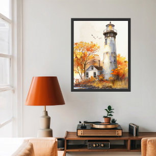 Watercolor Vibrant Coastal Autumn Lighthouse Scene Poster