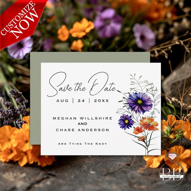 Watercolor Vibrant Orange and Purple Wildflowers  Invitation (Easy to customize )