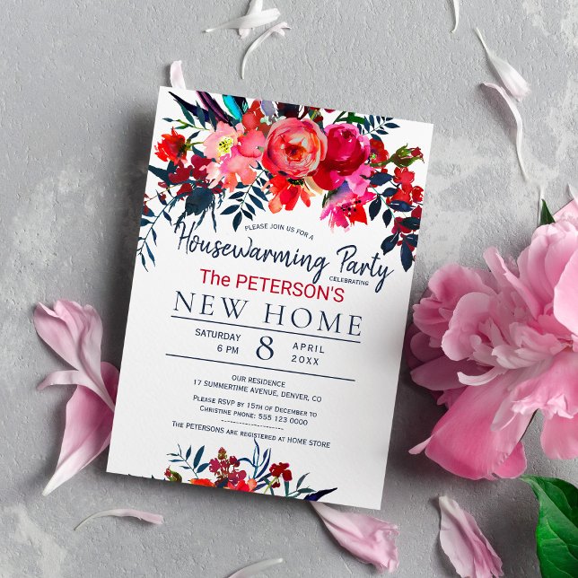 Watercolor vibrant red floral housewarming party invitation (Creator Uploaded)