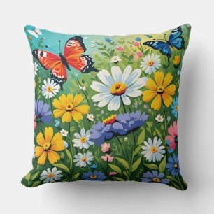 Watercolor Vibrant Spring Flowers Pattern Cushion