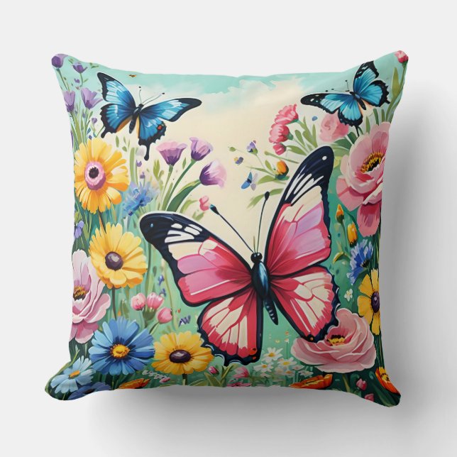 Watercolor Vibrant Spring Flowers Pattern Cushion (Front)
