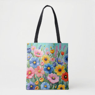 Watercolor Vibrant Spring Flowers Pattern Tote Bag