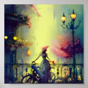 Watercolor victorian woman and bicycle poster