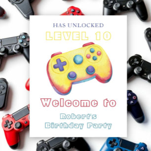 Watercolor Video Game Kids Birthday Poster