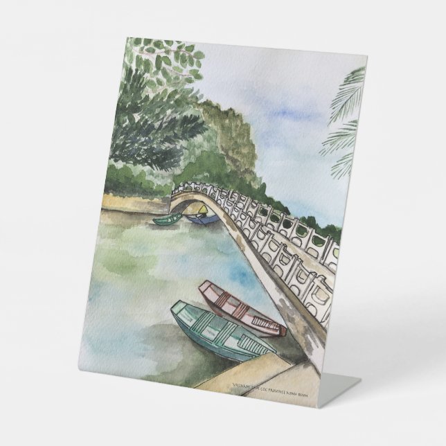 Watercolor, Vietnam, Ninh Binh Province landscape  Pedestal Sign (Front)