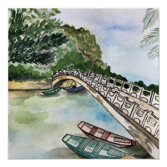 Watercolor, Vietnam, Ninh Binh Province landscape  Poster (Front)
