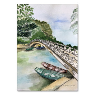 Watercolor, Vietnam, Ninh Binh Province landscape Table Number