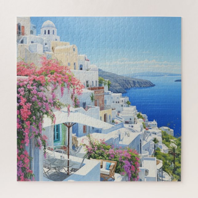 Watercolor view of Santorini puzzle (Vertical)