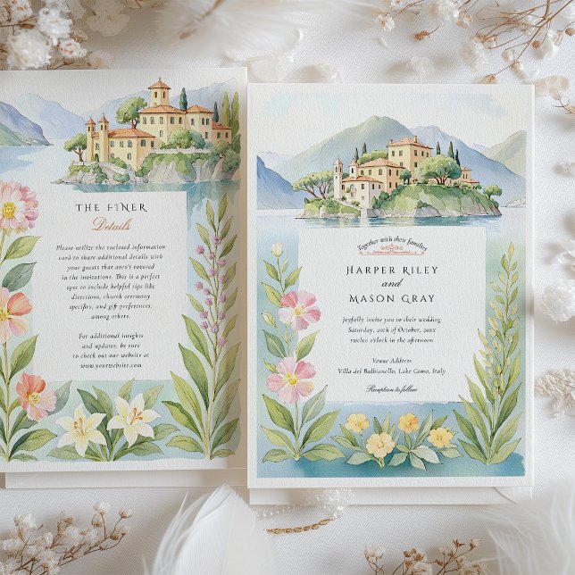 Watercolor Villa del Balbianello Lake Como Wedding Invitation (Creator Uploaded)