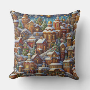 Watercolor Village Christmas Motifs Holiday Cushion