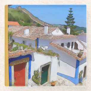 Watercolor village glass coaster