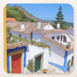 Watercolor village square paper coaster