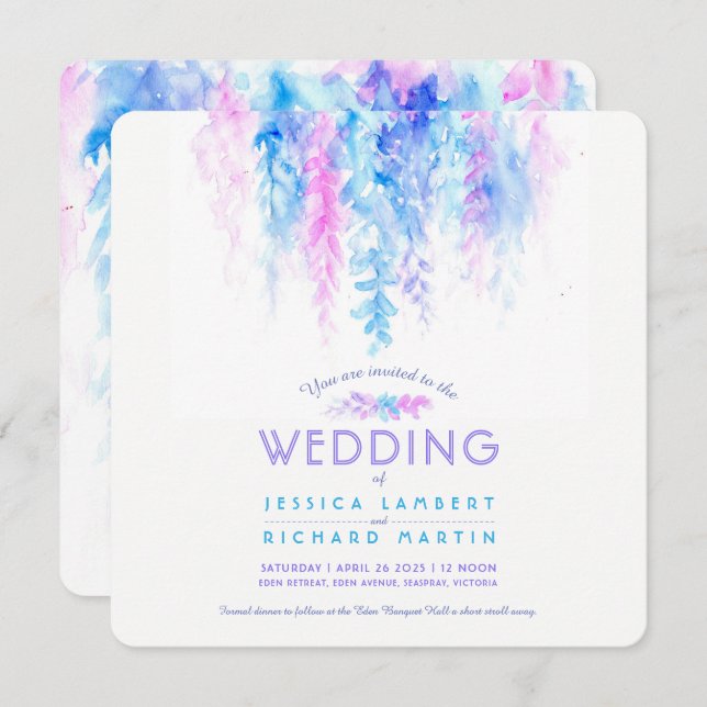 Watercolor vine blue purple square wedding invites (Front/Back)