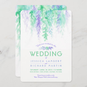 Watercolor vine green purple wedding invitations