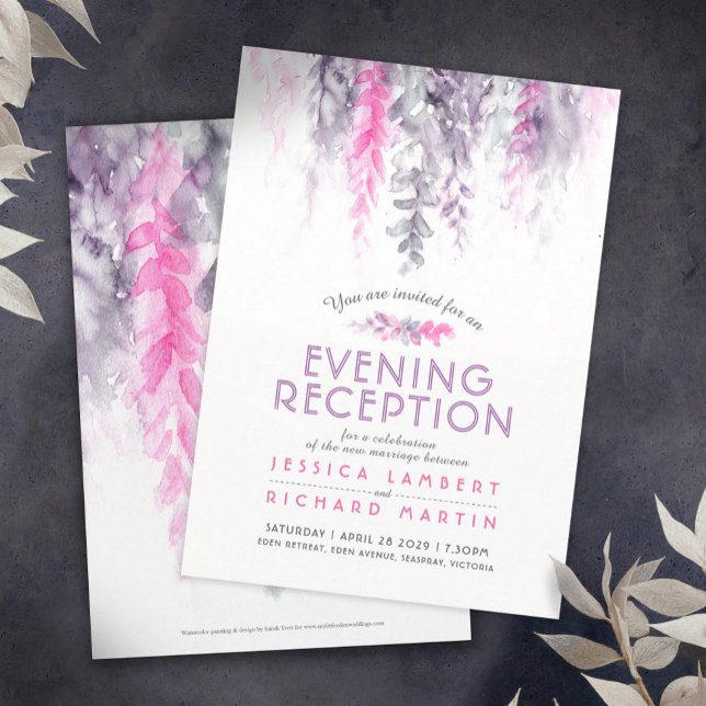 Watercolor vine purple pink evening reception invitation (Creator Uploaded)