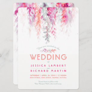 Watercolor vines coral green pink red wedding invitation