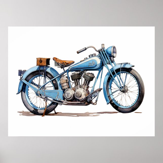 Watercolor Vintage Blue Classic Motorcycle Poster (Front)