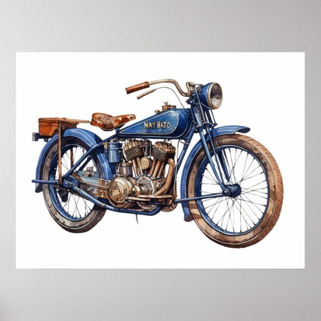 Watercolor Vintage Blue Motorcycle  Poster (Front)
