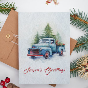 Watercolor Vintage Blue Truck Christmas Tree Scene Holiday Card