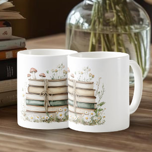 Watercolor Vintage Books and Wildflowers  Coffee Mug