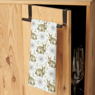 Watercolor Vintage Bunny & Daisy Flowers Easter Tea Towel