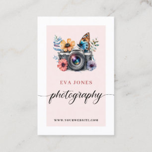 Watercolor Vintage Camera & Flowers Photography Business Card
