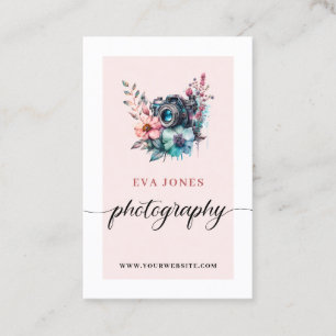Watercolor Vintage Camera & Flowers Photography Business Card