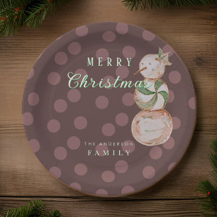 Watercolor Vintage Candy Snowman Merry Christmas Paper Plate