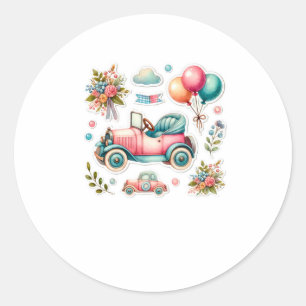 Watercolor Vintage Car With Balloons And Flowers S Classic Round Sticker