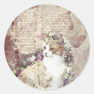 Watercolor Vintage Cat Classic Round Sticker