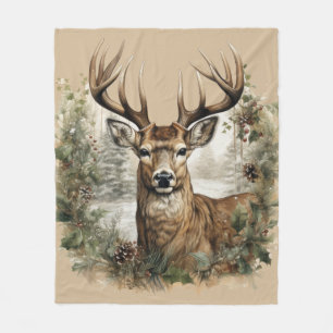 Watercolor Vintage Christmas Deer Design Fleece Blanket