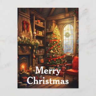 Watercolor Vintage Christmas Interior Scene Holiday Postcard