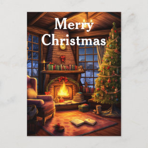 Watercolor Vintage Christmas Interior Scene Holiday Postcard