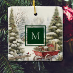 Watercolor Vintage Christmas Tree Forest Monogram Ceramic Ornament<br><div class="desc">Watercolor vintage Christmas trees in snowy forest tree ornament. Include your own/family monogram initial which will appear on the front and back.</div>