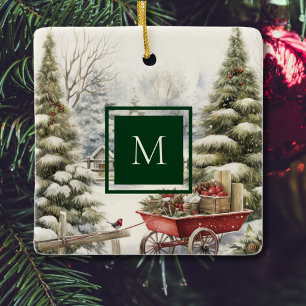 Watercolor Vintage Christmas Tree Forest Monogram Ceramic Ornament