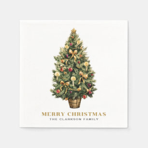 Watercolor Vintage Christmas Tree Gold Christmas Napkin