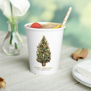 Watercolor Vintage Christmas Tree Gold Christmas Paper Cups
