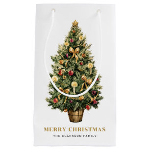Watercolor Vintage Christmas Tree Gold Christmas Small Gift Bag