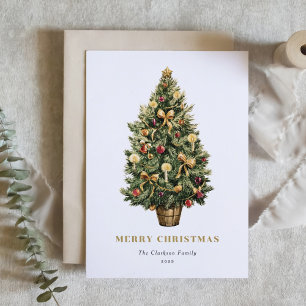Watercolor Vintage Christmas Tree Merry Christmas Holiday Card