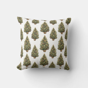 Watercolor Vintage Christmas Tree White Holiday Cushion