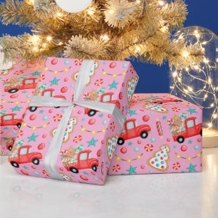Watercolor Vintage Christmas Truck with Candy  Wrapping Paper