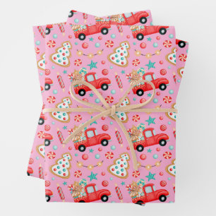 Watercolor Vintage Christmas Truck with Candy  Wrapping Paper Sheet