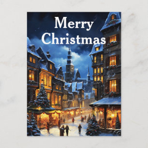 Watercolor Vintage Christmas Winter Village Scene Holiday Postcard