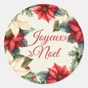 Watercolor Vintage Floral Red Poinsettia Christmas Classic Round Sticker