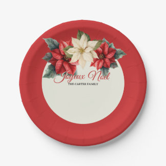 Watercolor Vintage Floral Red Poinsettia Christmas Paper Plate