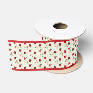 Watercolor Vintage Floral Red Poinsettia Christmas Satin Ribbon