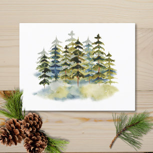 Watercolor Vintage Foggy Green Pine Forest Postcard