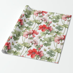 Watercolor Vintage Geranium Flowers and Leaves  Wrapping Paper