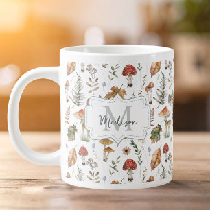 Watercolor Vintage Mushroom Fern Botanical Pattern Large Coffee Mug