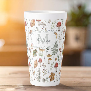 Watercolor Vintage Mushroom Fern Botanical Pattern Latte Mug